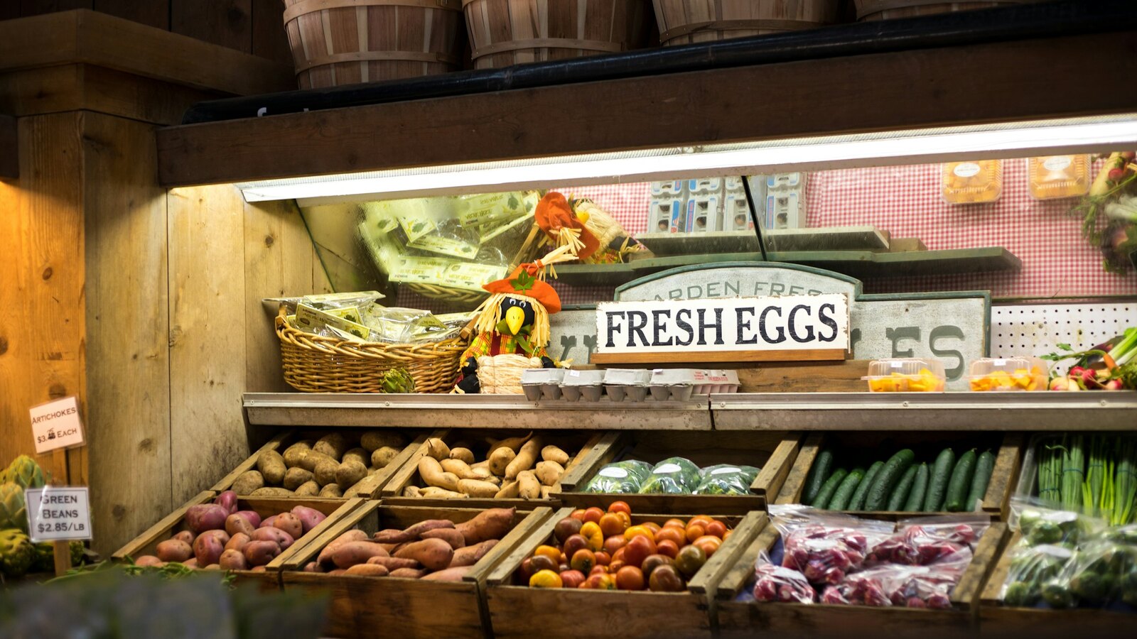 Fresh vegetables on display in the farm shop